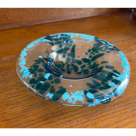 Hand Blown Art Glass Shallow Bowl Blue and Teal Speckled Swirl 6.5” Wide - Picture 3 of 10